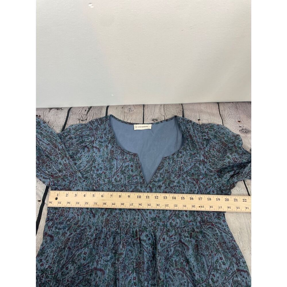 Lucky Brand Teal Blue Paisley V-Neck Long Sleeve Blouse peasant boho size Large - Picture 15 of 16